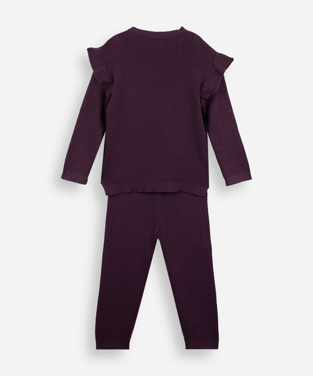 conjunto longo infantil com babado texturizado vinho