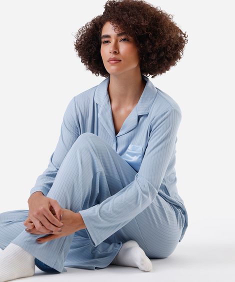pijama americano feminino canelado azul