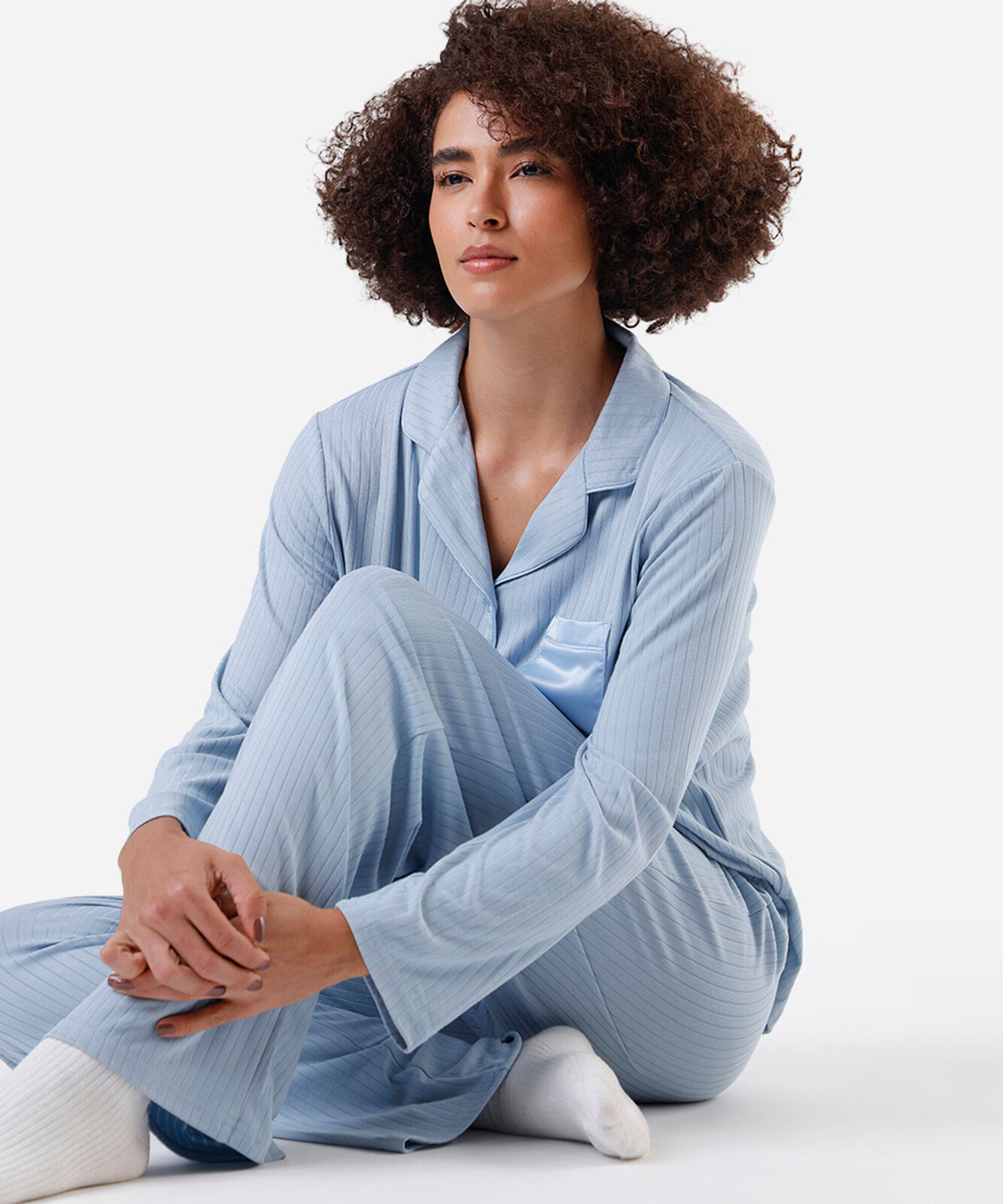 pijama americano feminino canelado azul