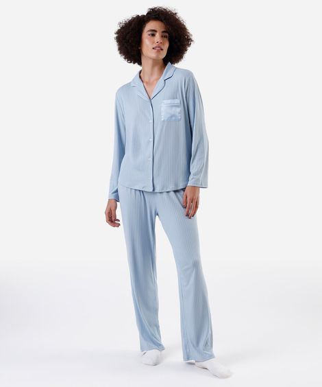 pijama americano feminino canelado azul
