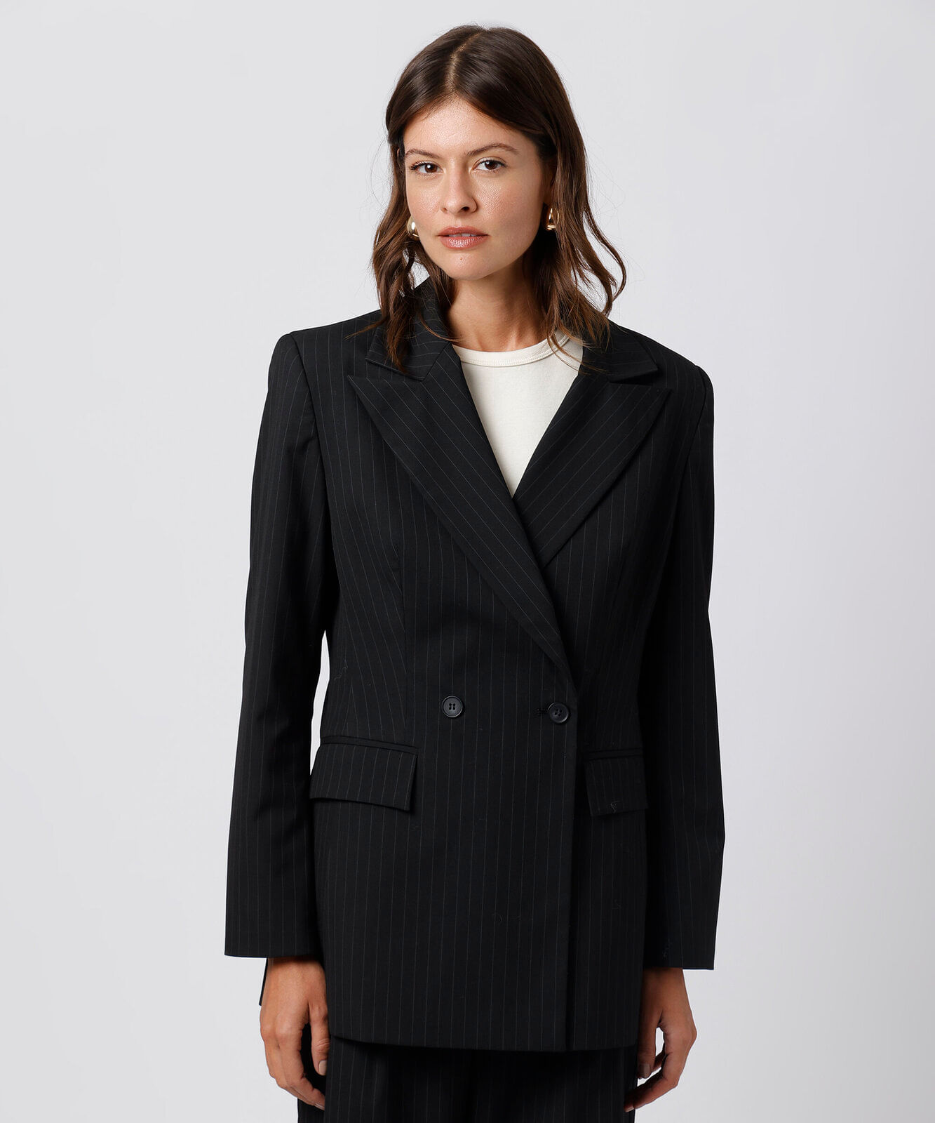 blazer de alfaiataria feminino acinturado risca de giz mindset preto
