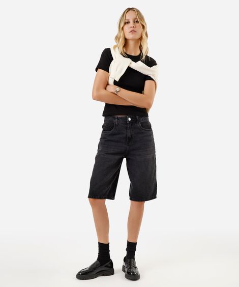 bermuda jorts feminina jeans cintura alta preta