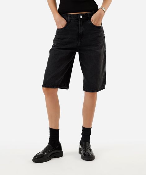 bermuda jorts feminina jeans cintura alta preta