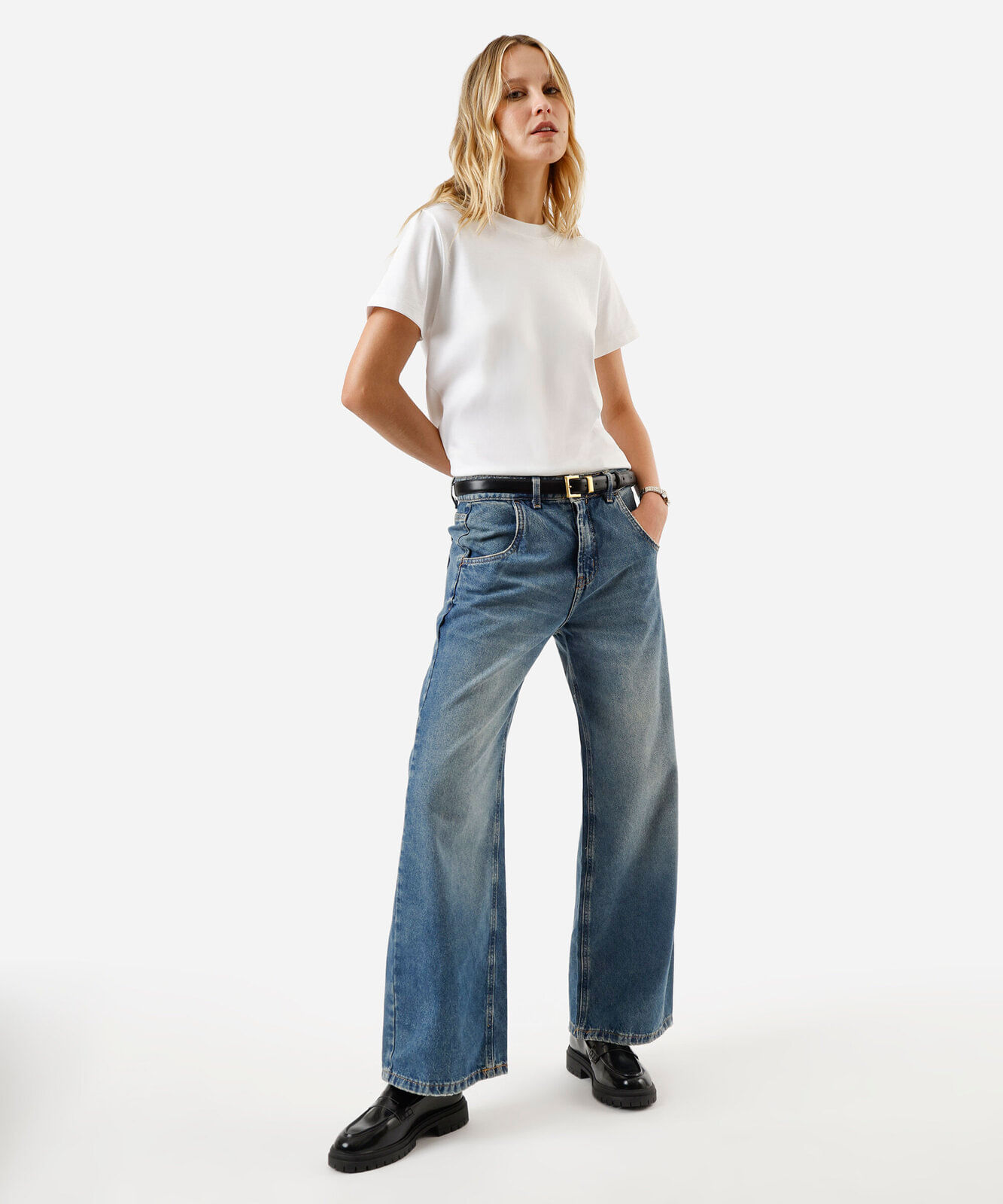 calça wide leg oversized jeans cintura média azul