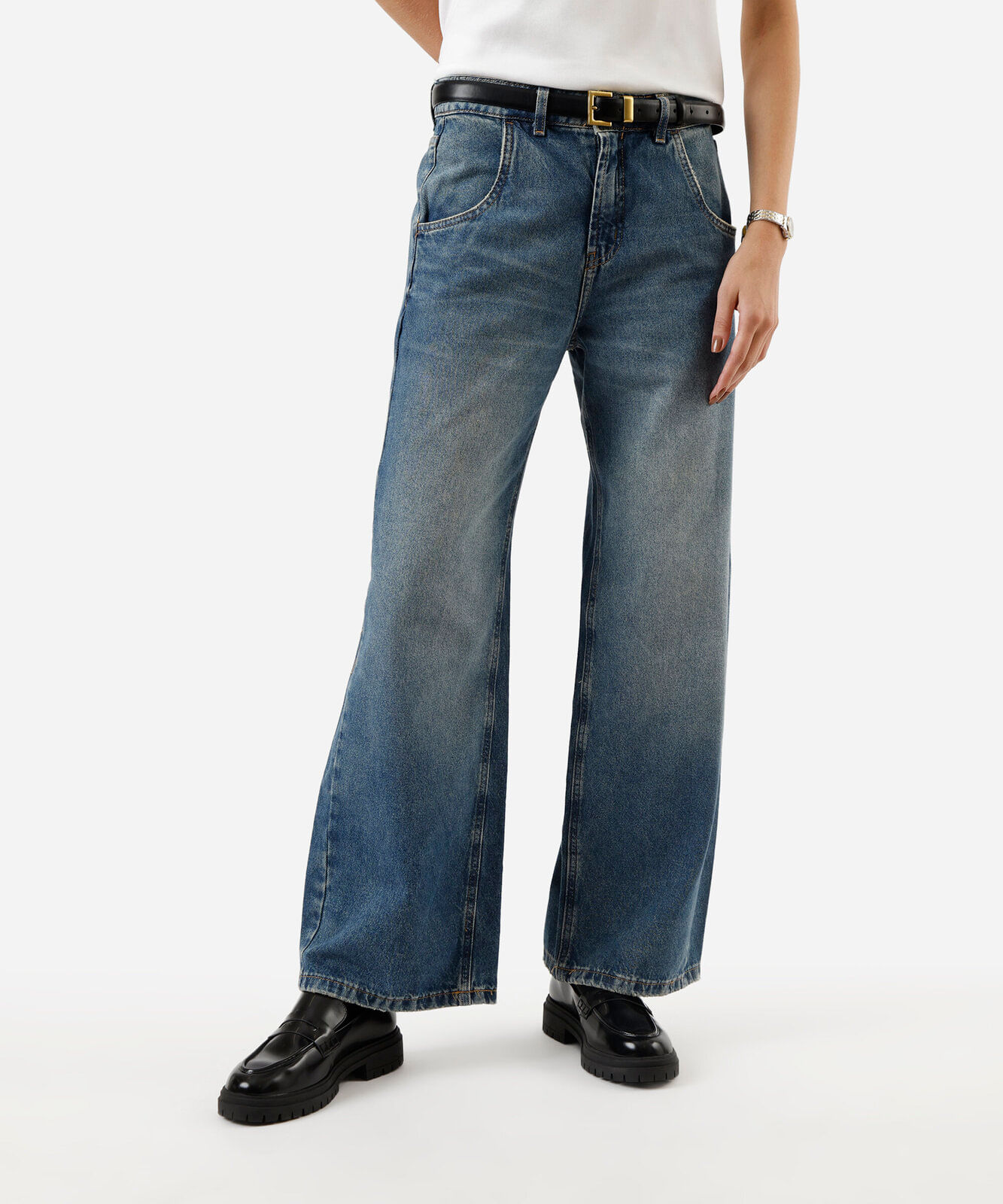 calça wide leg oversized jeans cintura média azul