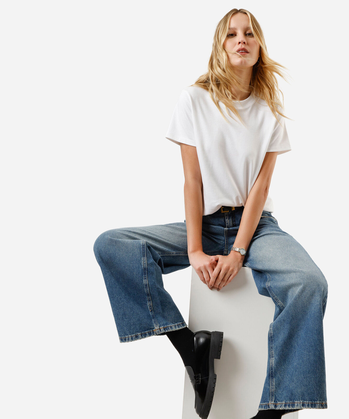 calça wide leg oversized jeans cintura média azul