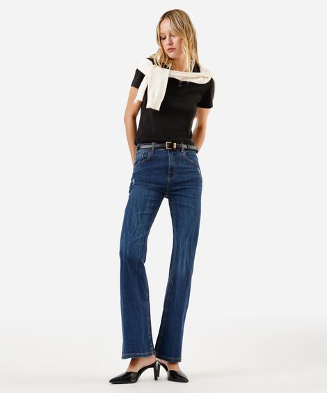 calça jeans flare cintura alta azul escuro
