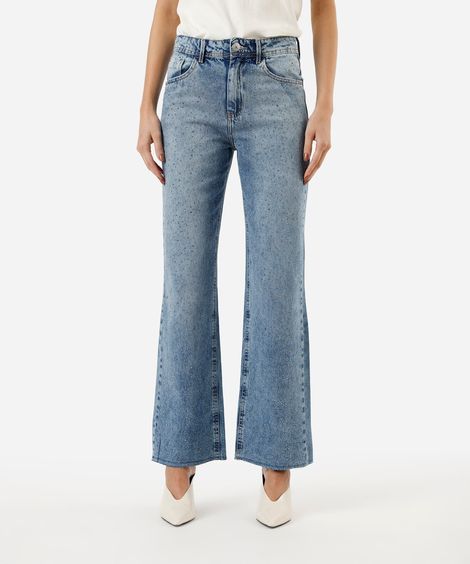 calça jeans wide leg slim com brilho cintura super alta azul
