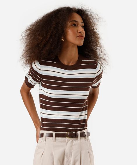 blusa feminina de tricot listrada marrom