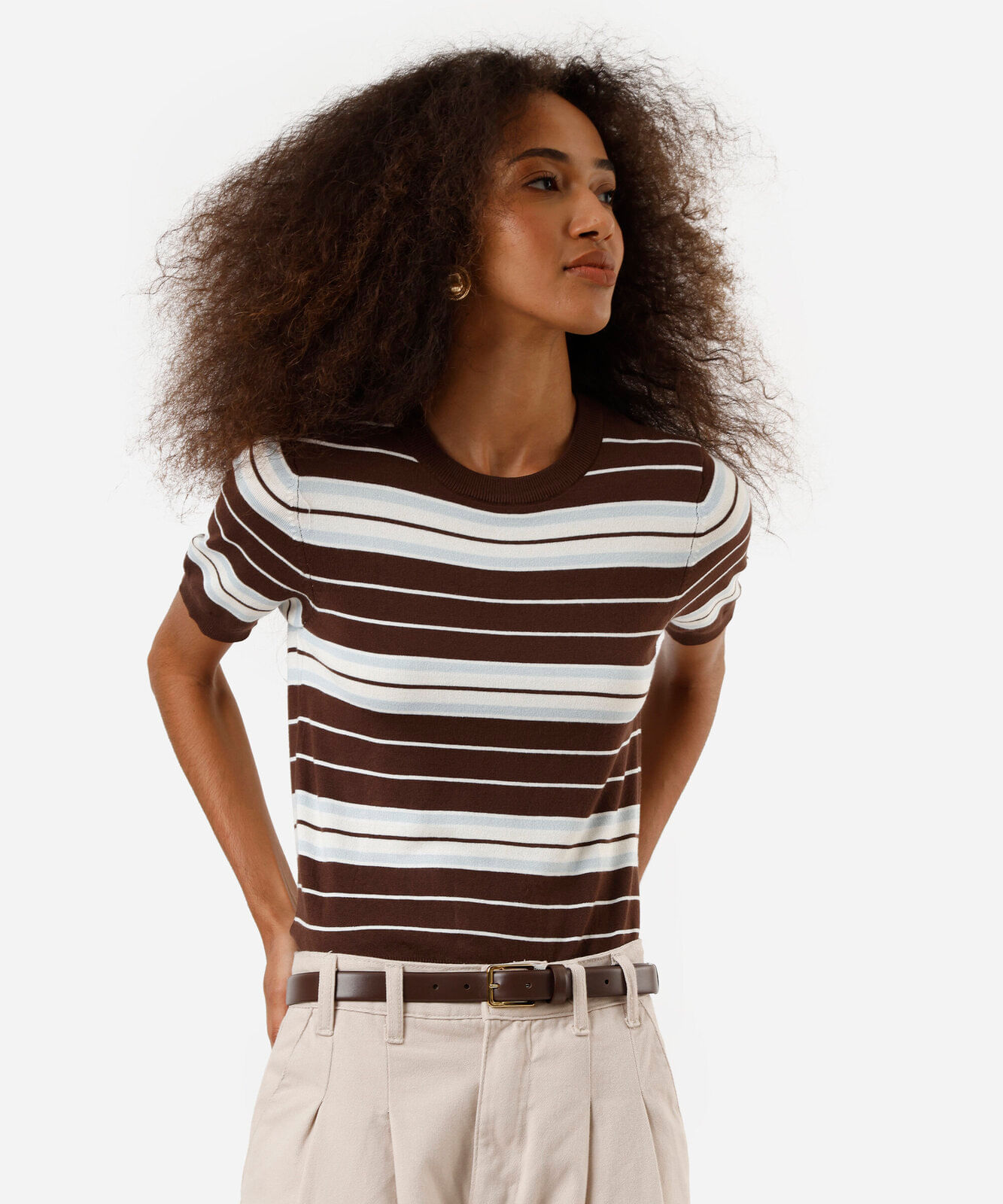blusa feminina de tricot listrada marrom