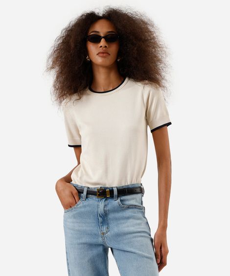 blusa manga curta regular friso contrastante bege