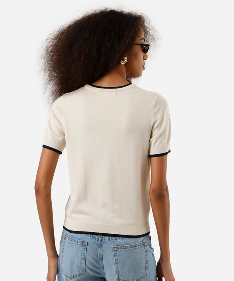 blusa manga curta regular friso contrastante bege