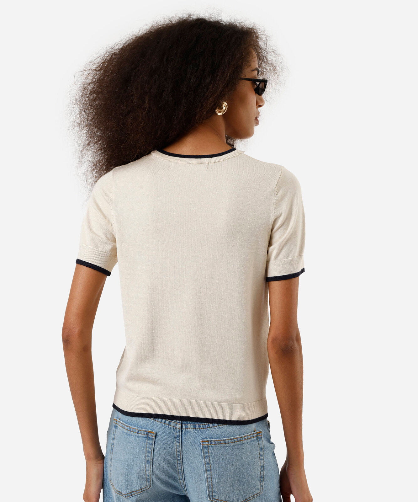 blusa manga curta regular friso contrastante bege