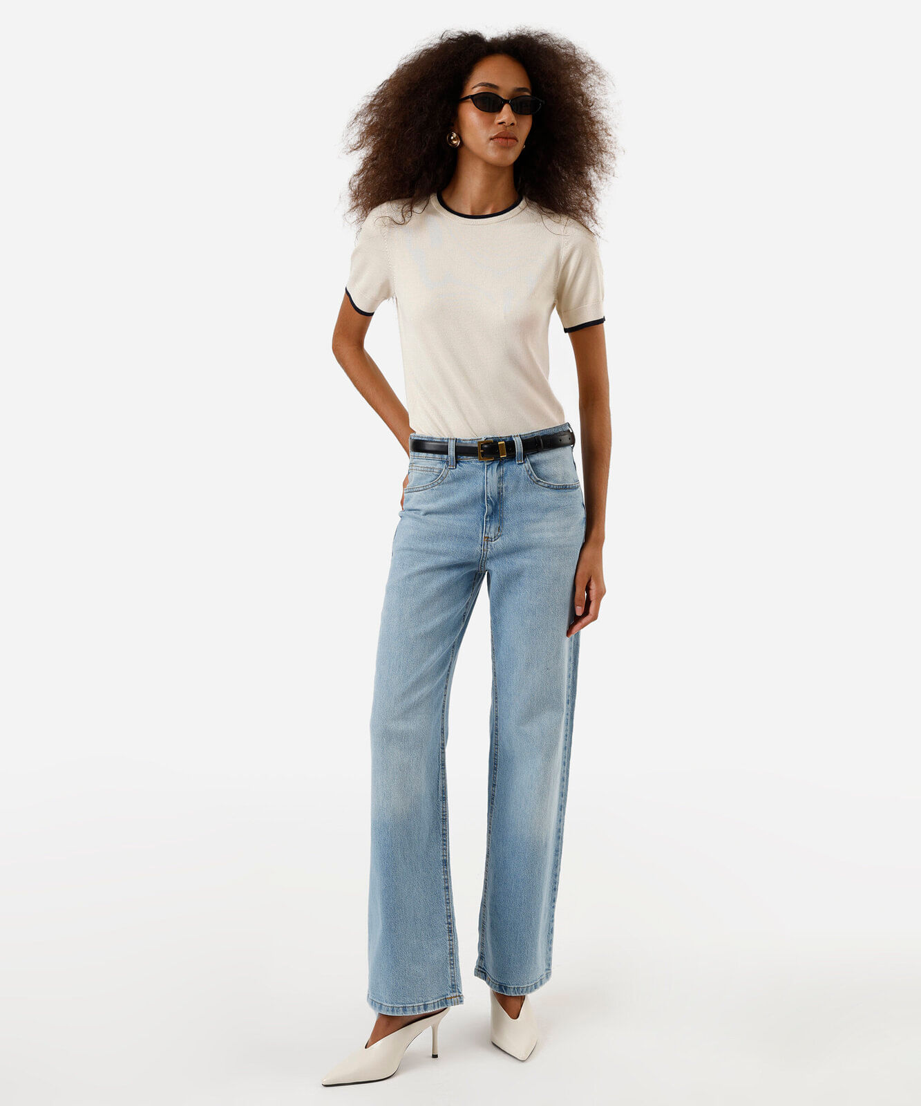 blusa manga curta regular friso contrastante bege