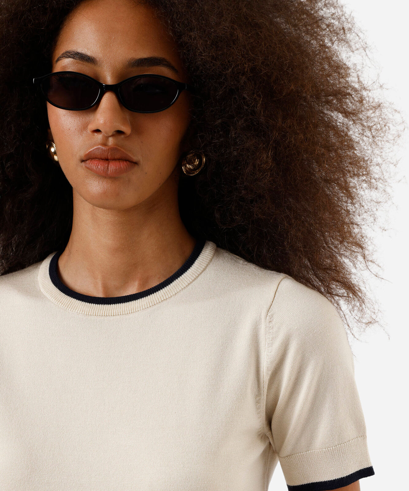 blusa manga curta regular friso contrastante bege