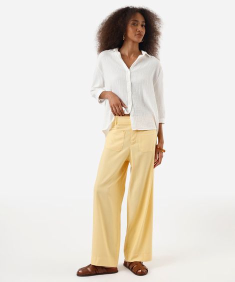 calça feminina wide cropped com bolso frontal amarela