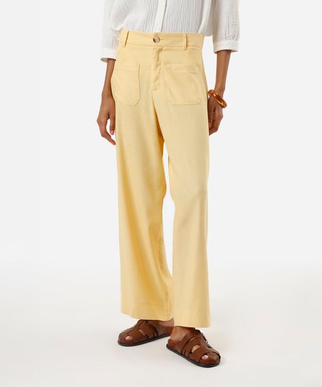 calça feminina wide cropped com bolso frontal amarela