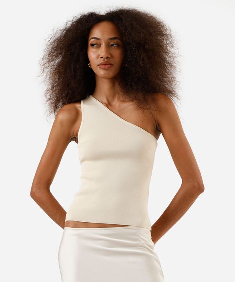 regata feminina de tricot ombro único canelada bege