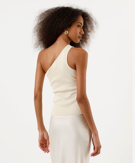 regata feminina de tricot ombro único canelada bege