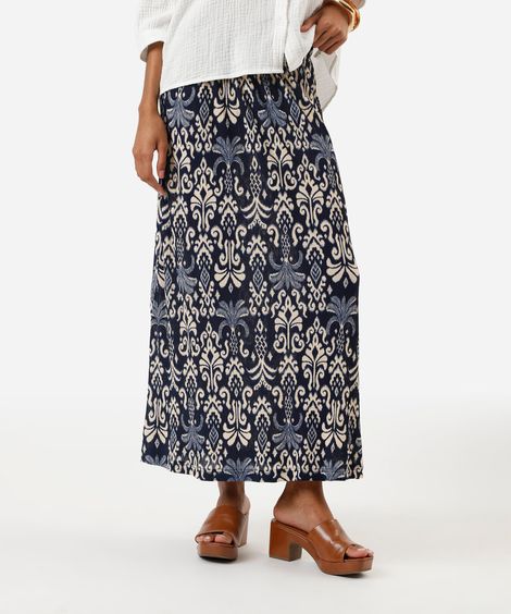 saia midi feminina plissada étnica azul