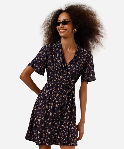 vestido curto feminino de viscose decote v floral azul