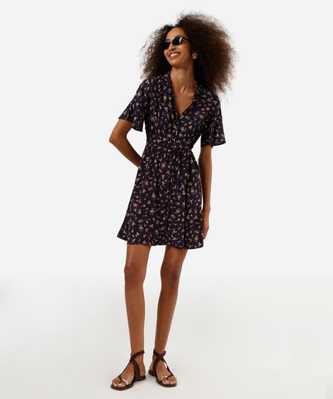 vestido curto feminino de viscose decote v floral azul