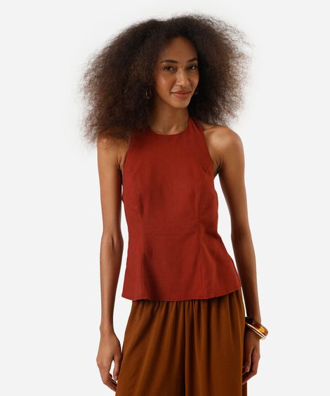 blusa peplum feminina frente única com linho marrom