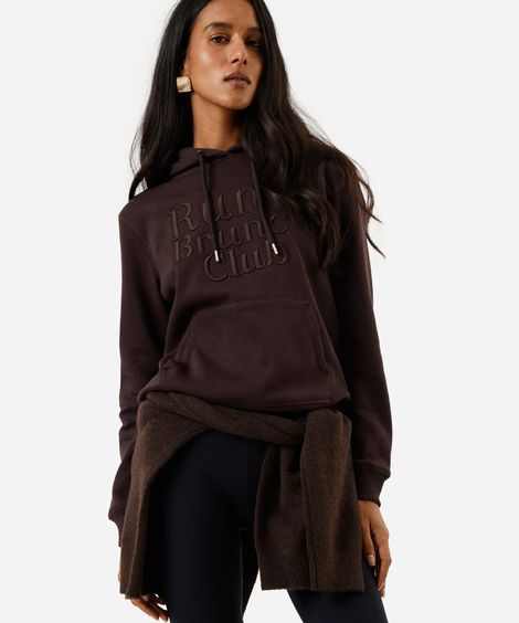 blusão básico feminino de moletom com capuz e bordado marrom