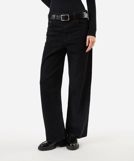 calça wide leg feminina jeans cintura média preta