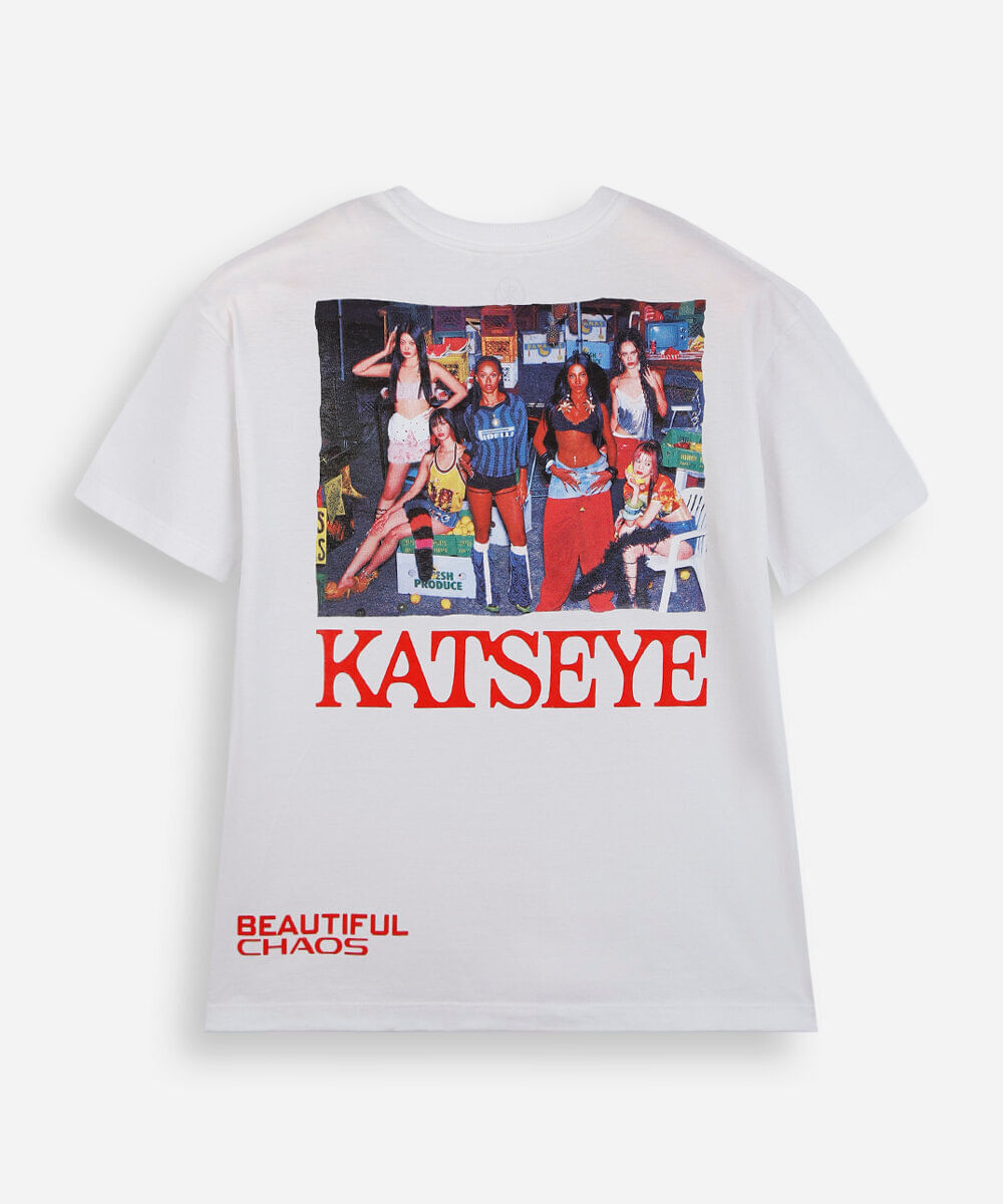 camiseta juvenil de algodão katseye oversized off white