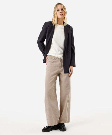 calça oversized feminina de sarja cintura média bege