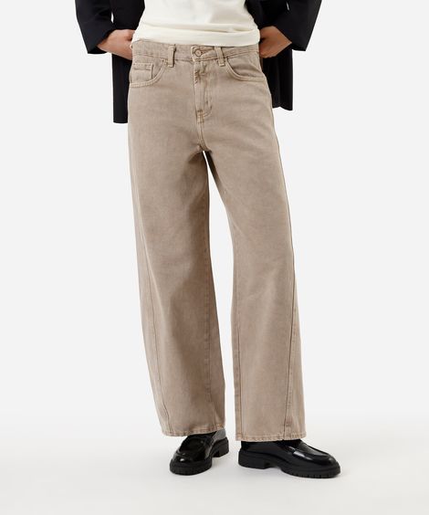 calça oversized feminina de sarja cintura média bege