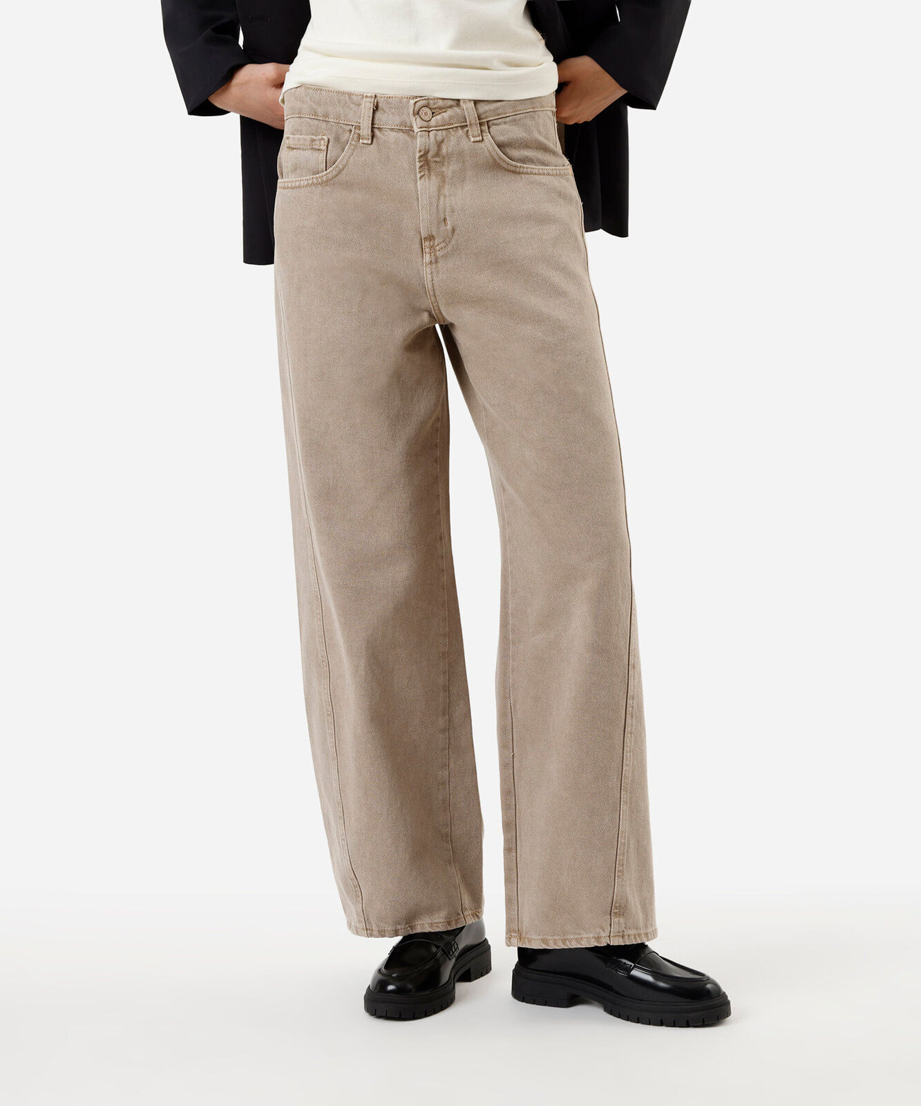 calça oversized feminina de sarja cintura média bege