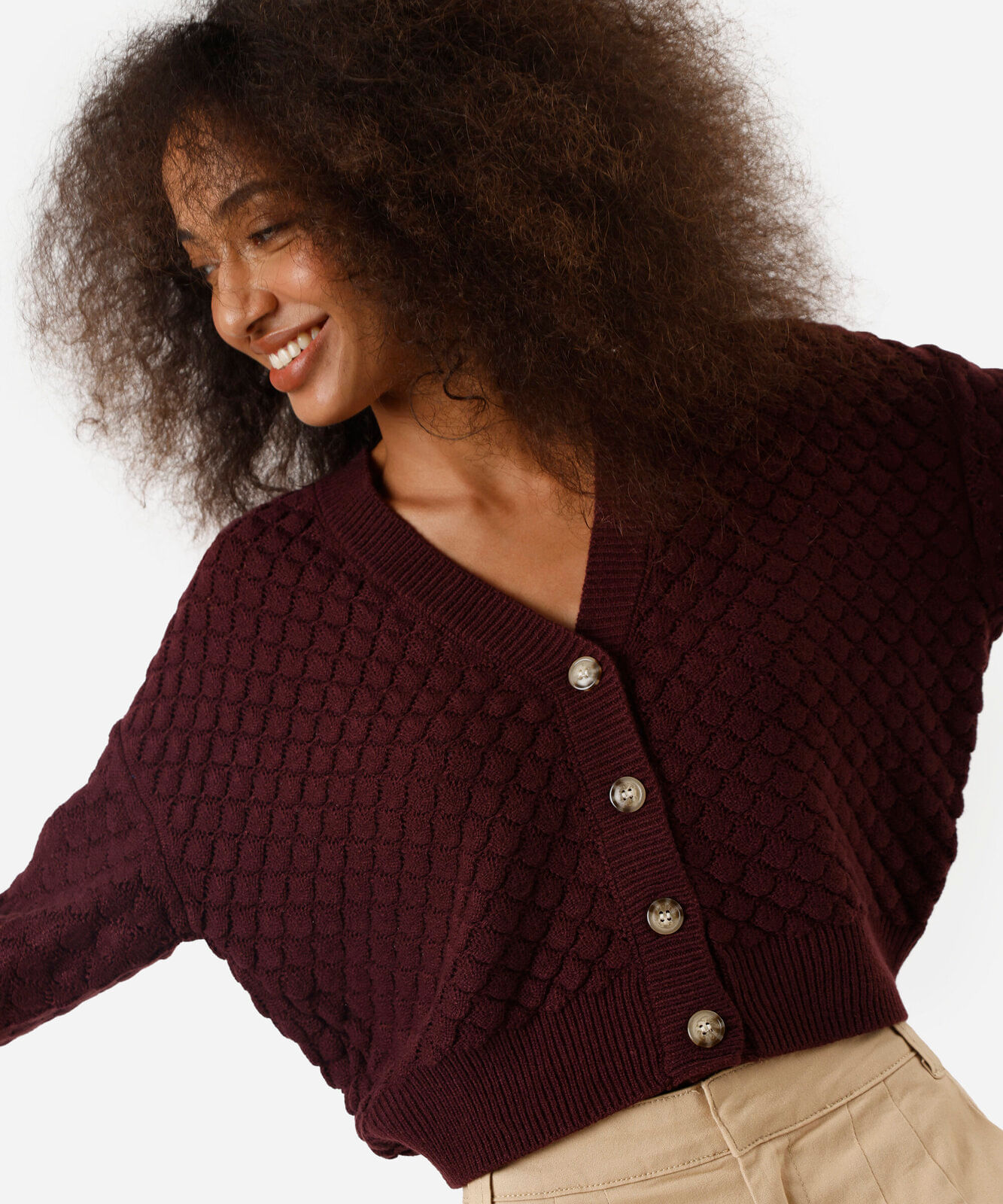 cardigan feminino de tricot texturizado vinho
