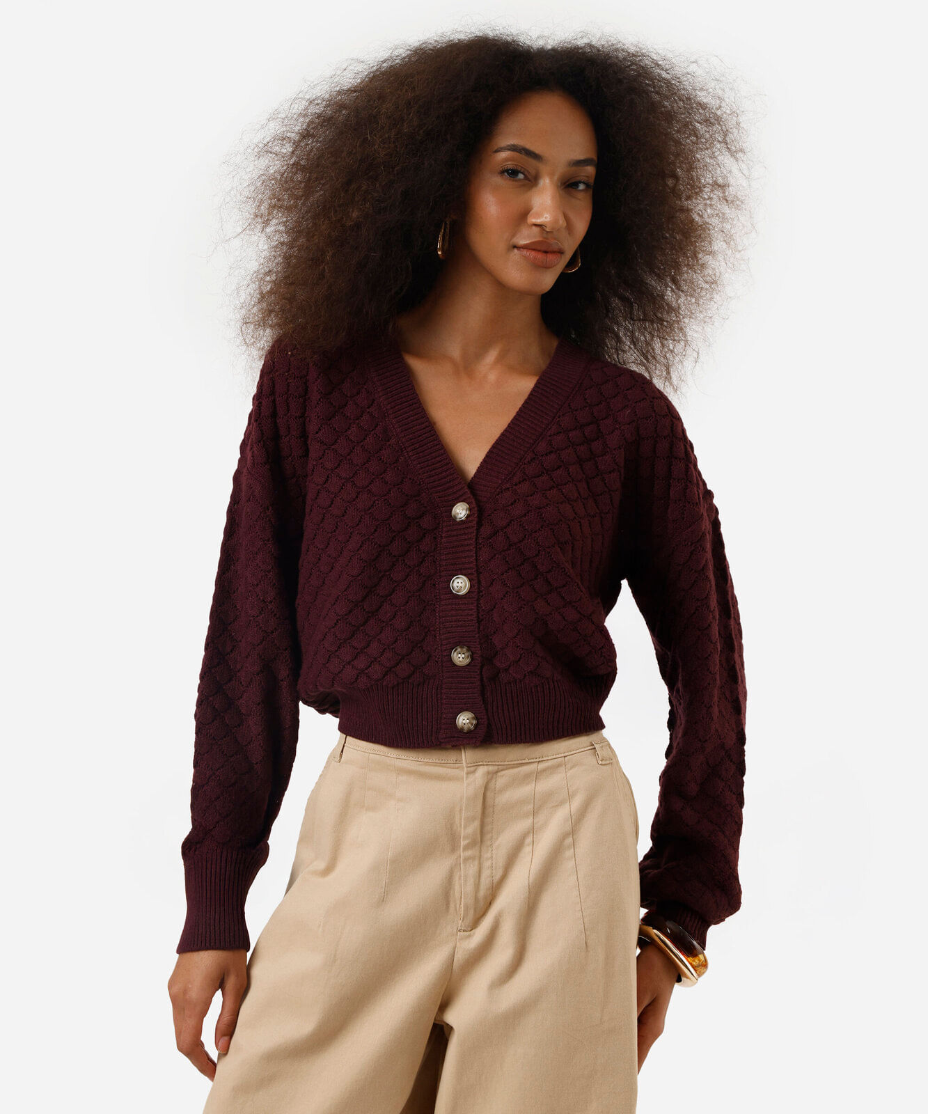 cardigan feminino de tricot texturizado vinho