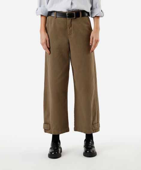 calça baggy feminina de sarja barra ajustável cintura média verde