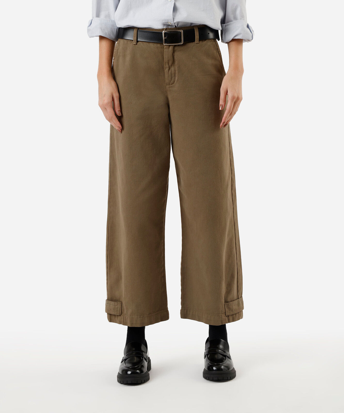 calça baggy feminina de sarja barra ajustável cintura média verde