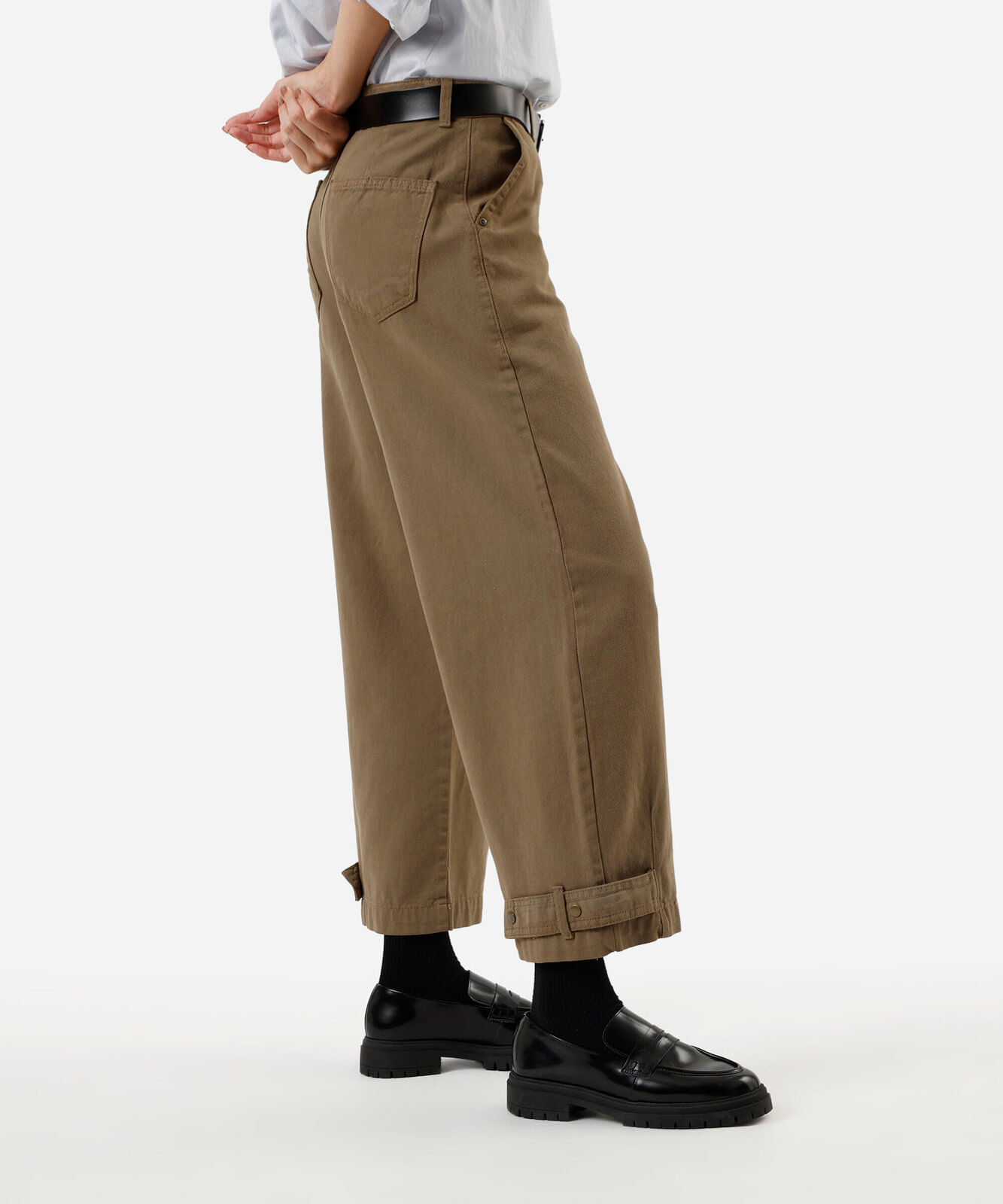 calça baggy feminina de sarja barra ajustável cintura média verde