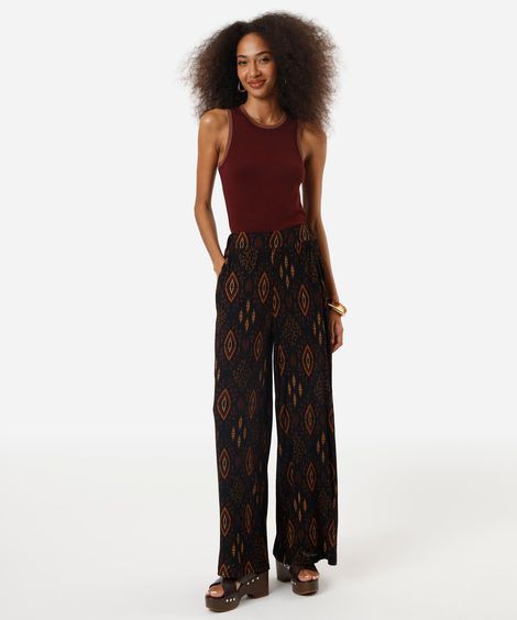 calça wide leg feminina étnica texturizada preta