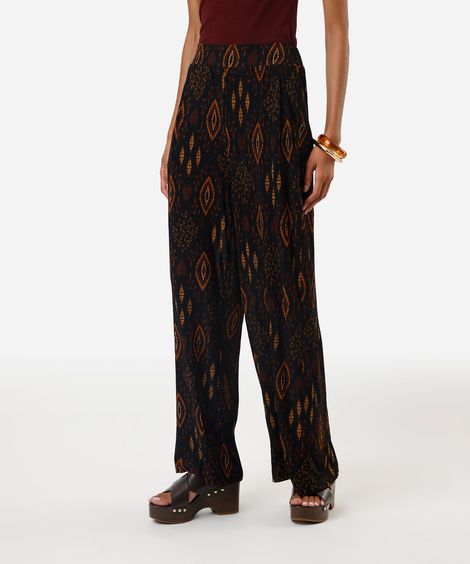 calça wide leg feminina étnica texturizada preta