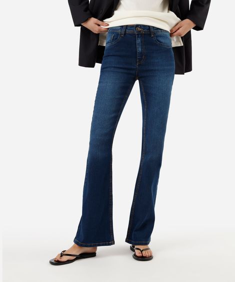 calça jeans flare stretch cintura média azul escuro