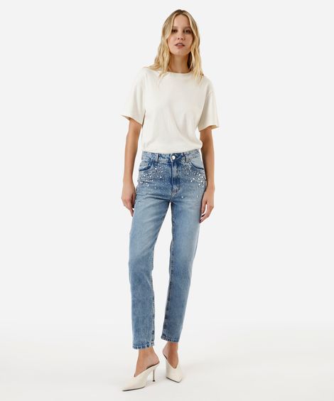 calça mom feminina jeans cintura alta com brilhos azul