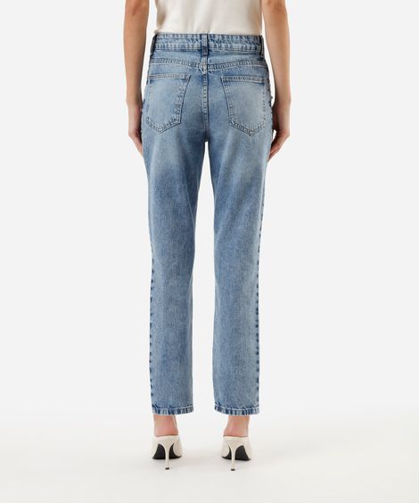 calça mom feminina jeans cintura alta com brilhos azul