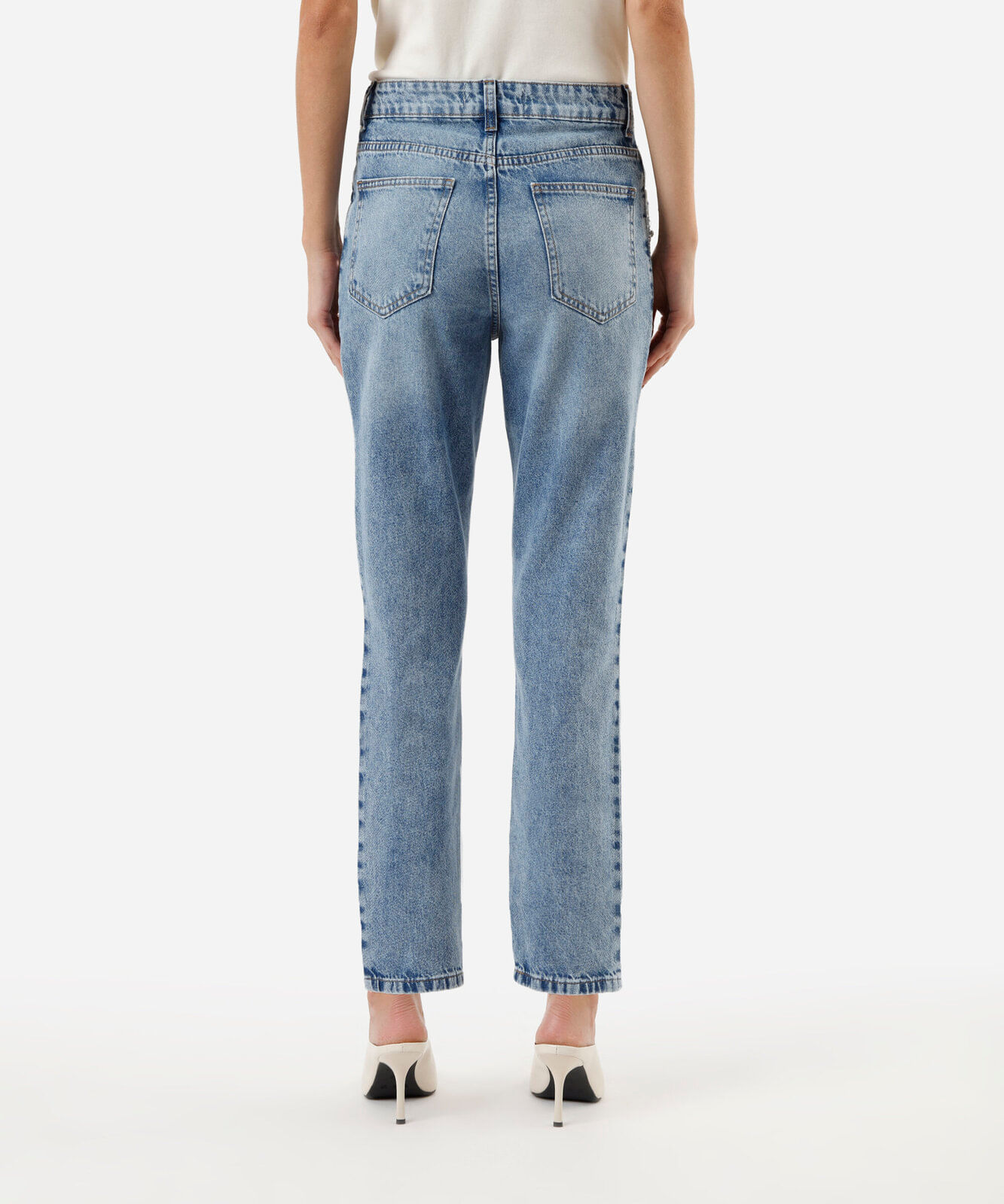 calça mom feminina jeans cintura alta com brilhos azul