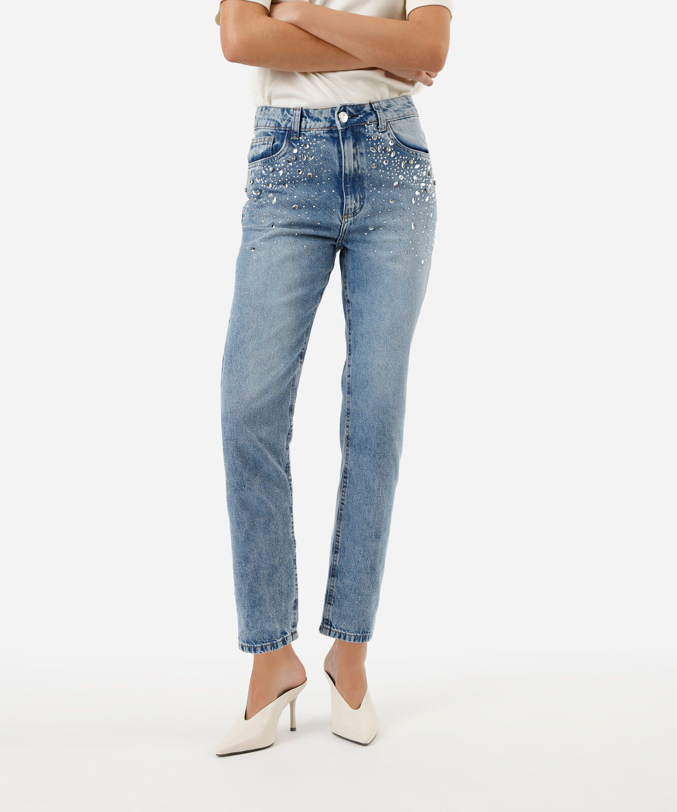 calça mom feminina jeans cintura alta com brilhos azul