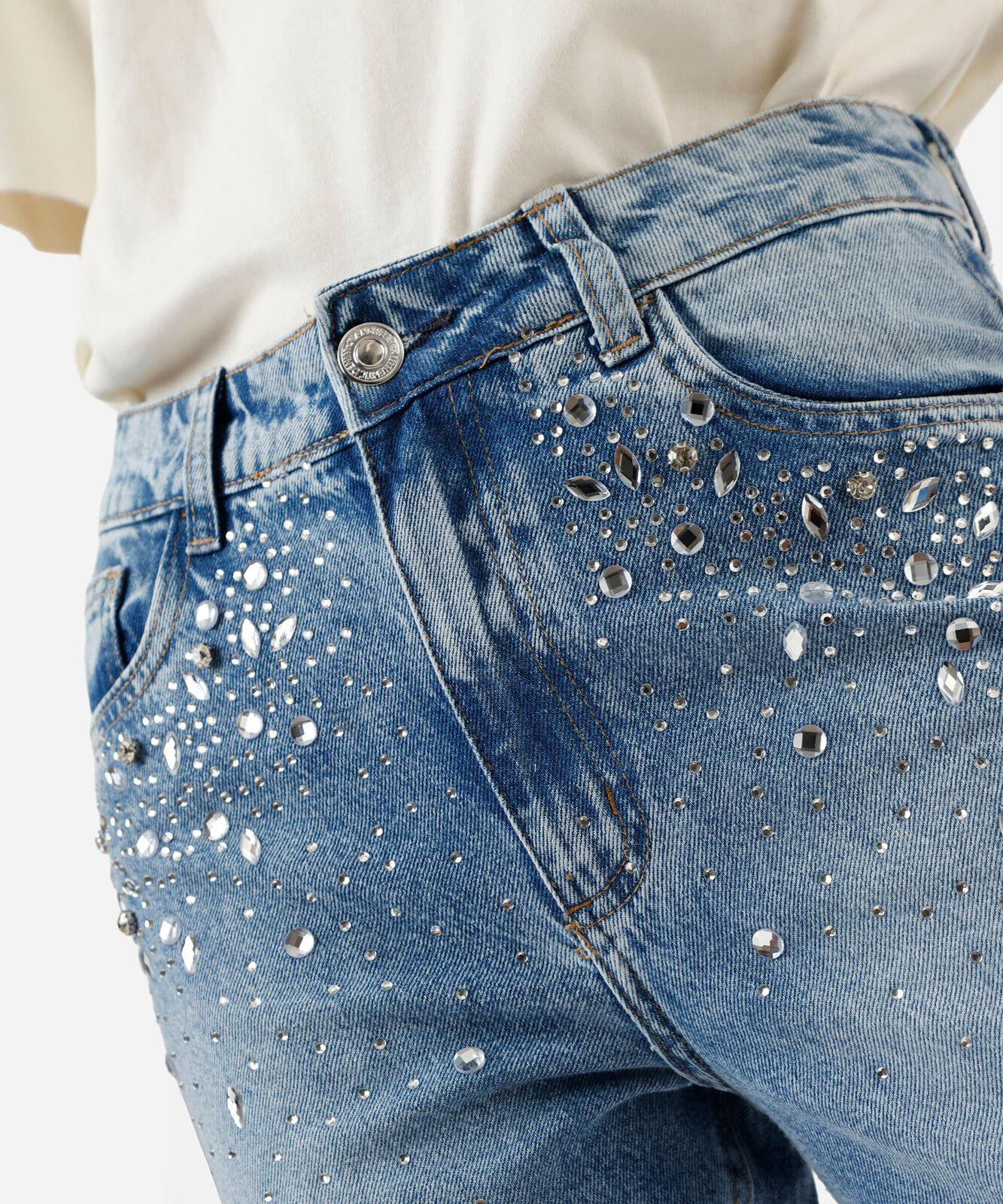 calça mom feminina jeans cintura alta com brilhos azul