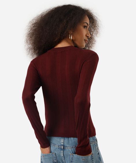 suéter básico feminino de tricot canelado vinho