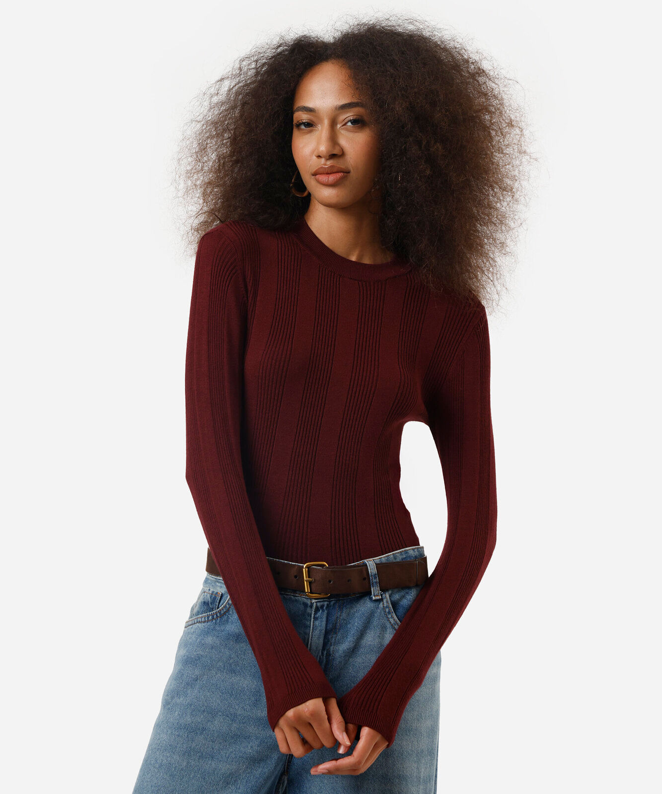 suéter básico feminino de tricot canelado vinho