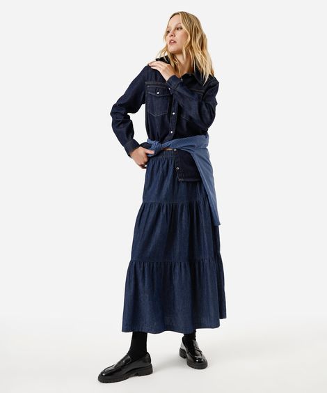 saia midi feminina jeans com recortes cós elástico azul