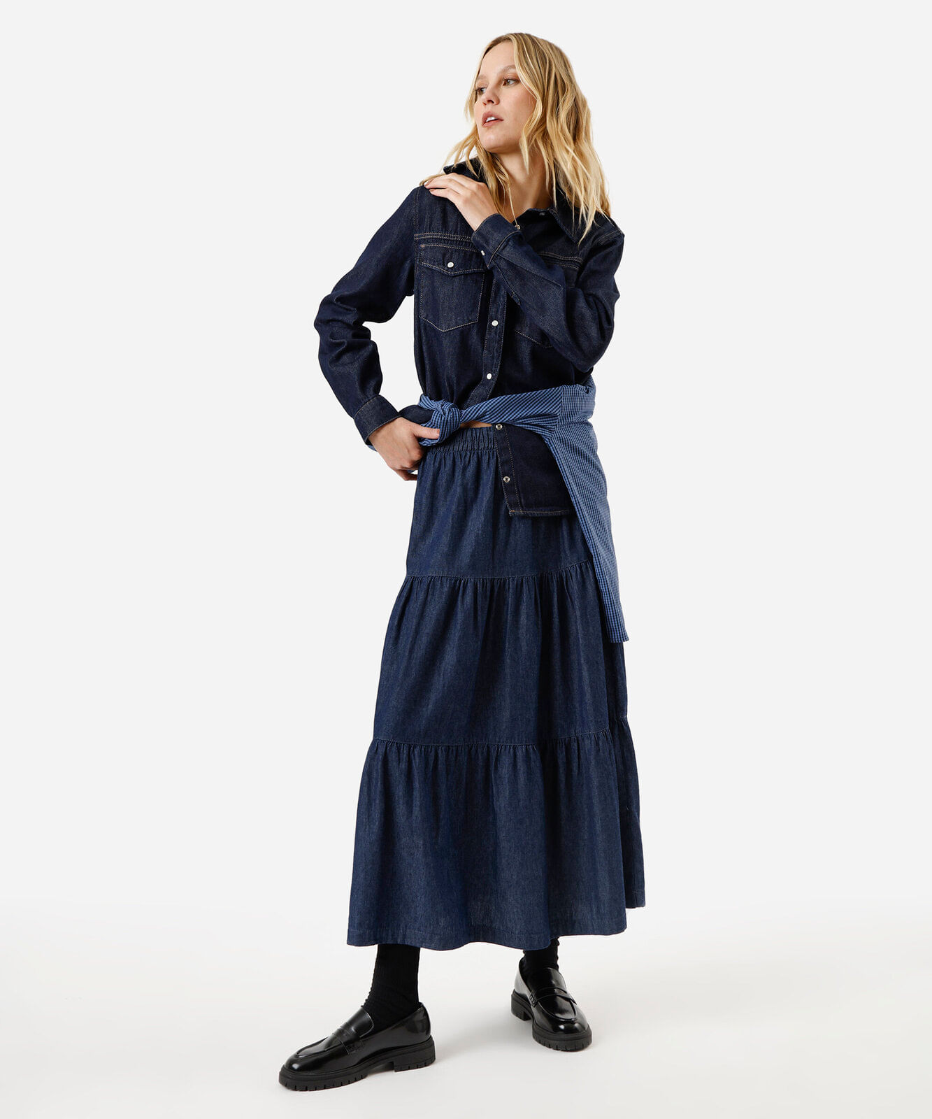 saia midi feminina jeans com recortes cós elástico azul